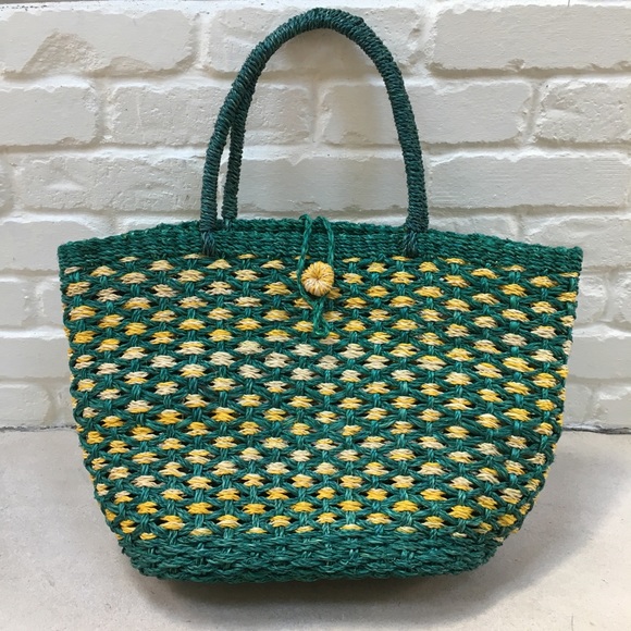 SOLD :: Vintage Green & Yellow Woven Straw Tote - Picture 2 of 6